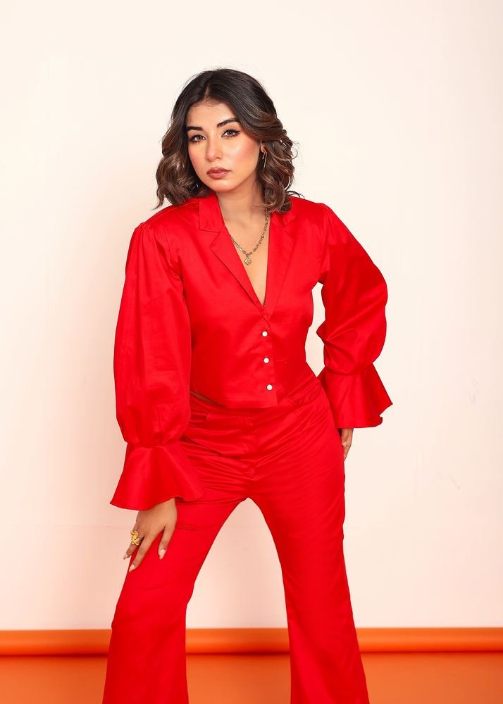 Red crop blazer shirt photo 2