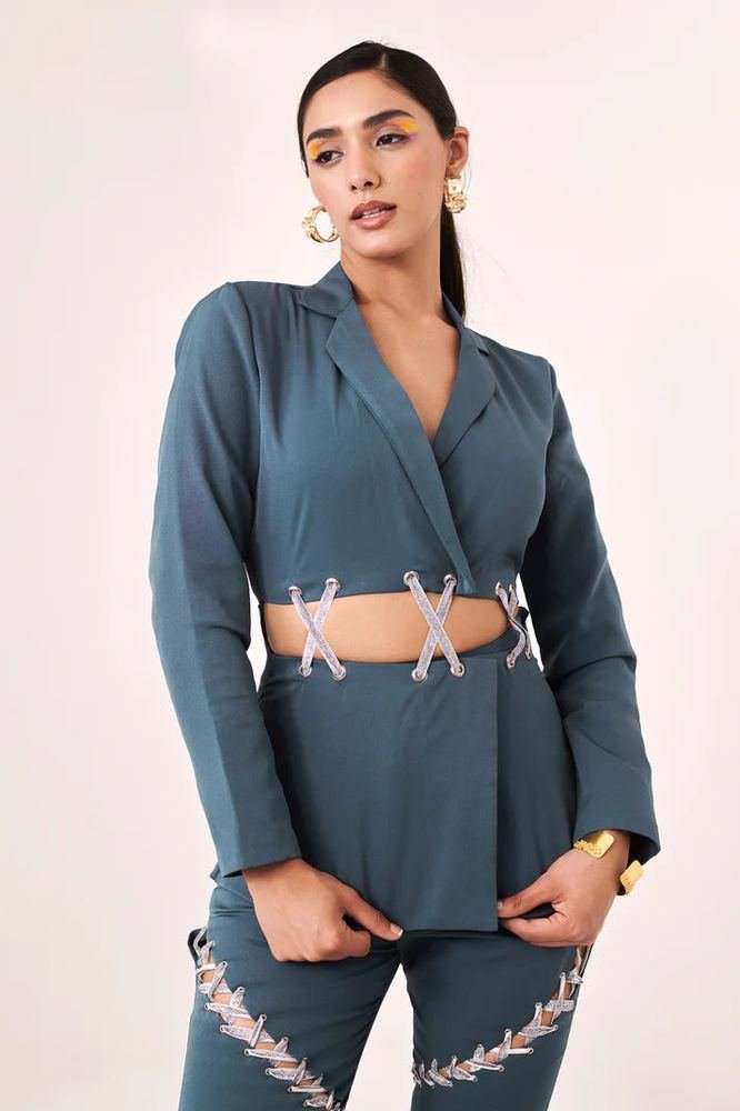 Solid embellished blue blazer shirt photo 3