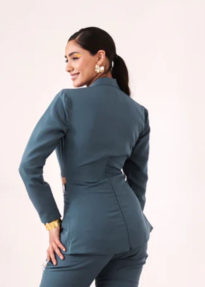 Solid embellished blue blazer shirt photo 5