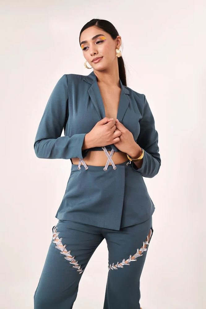 Solid embellished blue blazer shirt photo 2