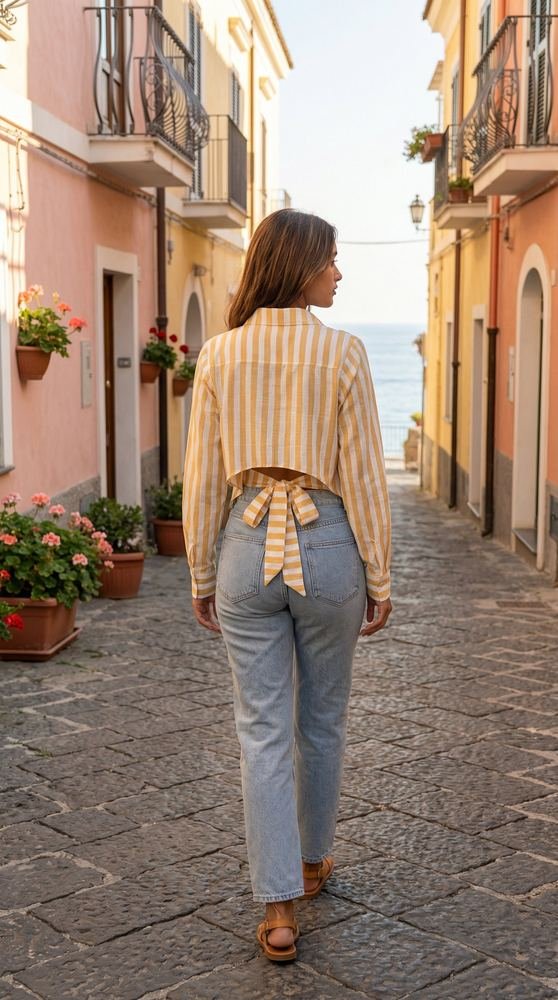 Striped Cotton Slub Shirt with a Tie Up Back photo 5