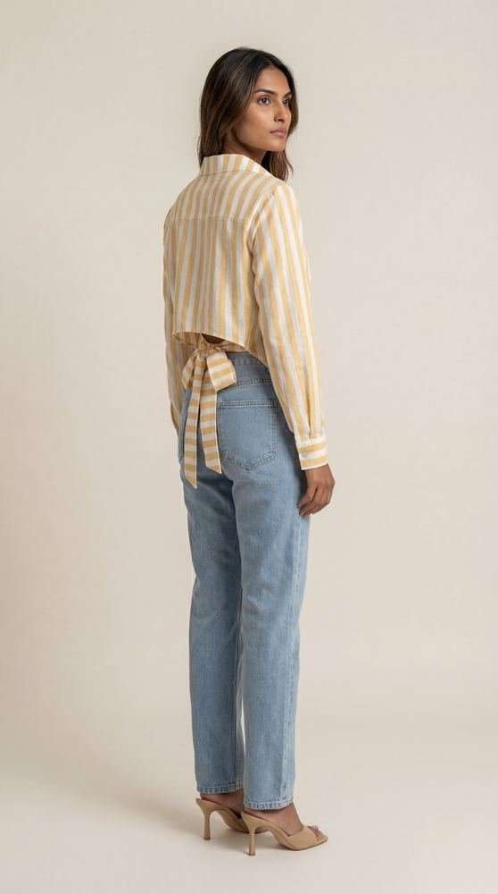 Striped Cotton Slub Shirt with a Tie Up Back photo 3