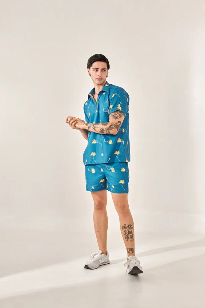Denim blue printed shorts
