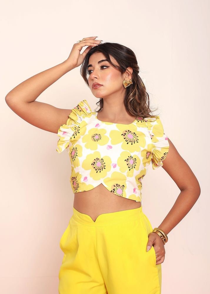 Printed bright yellow ruffled top photo 3