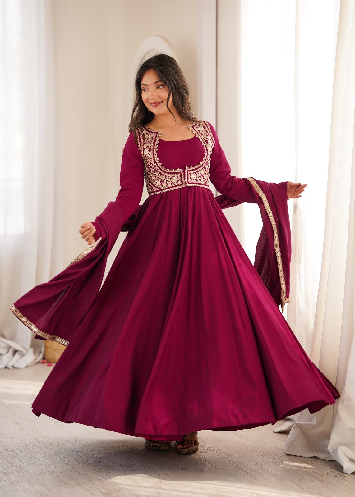 Premium Romansilk Chanderi Anarkali With Jacket & Dupatta Set