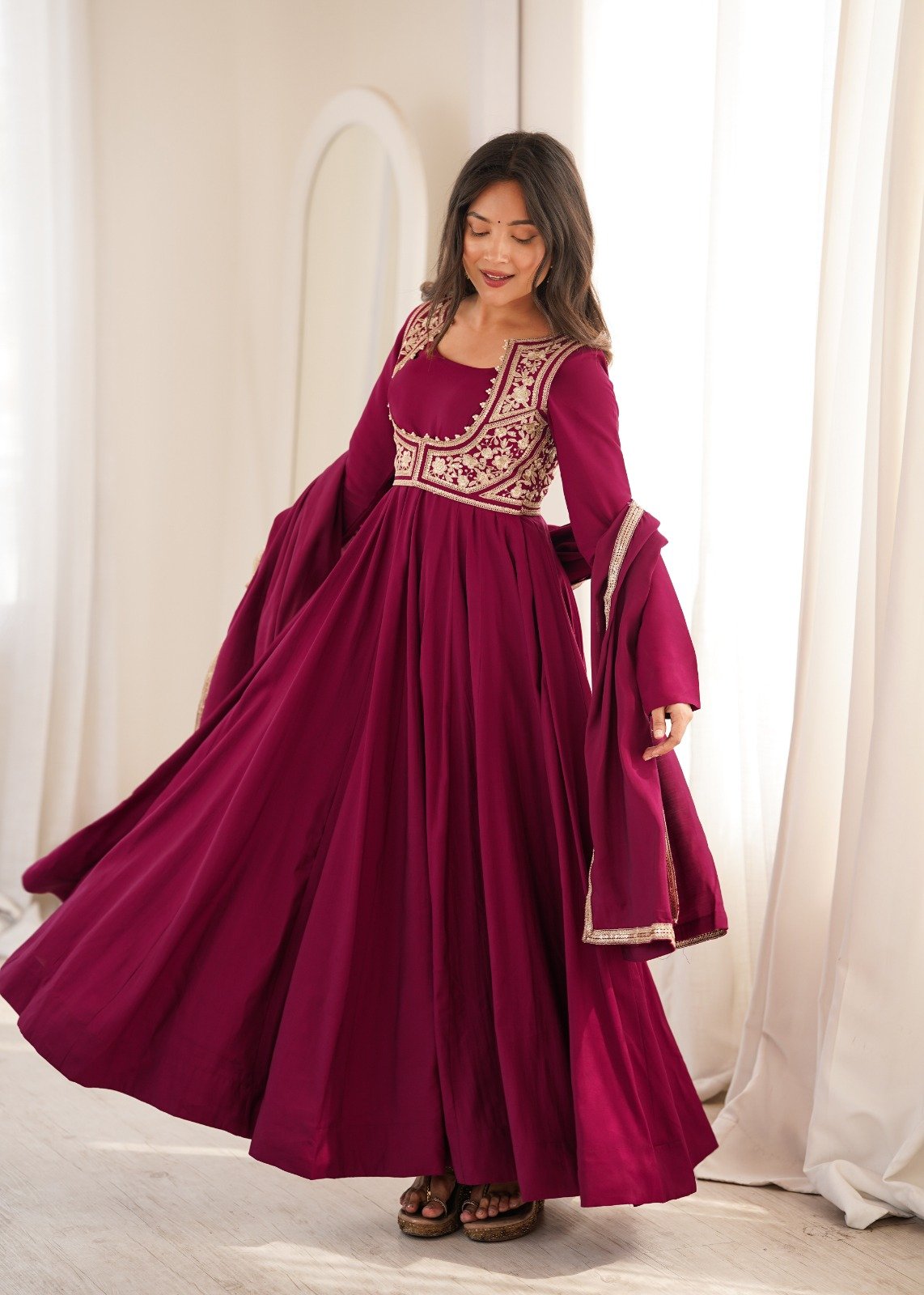 Premium Romansilk Chanderi Anarkali With Jacket & Dupatta Set photo 10