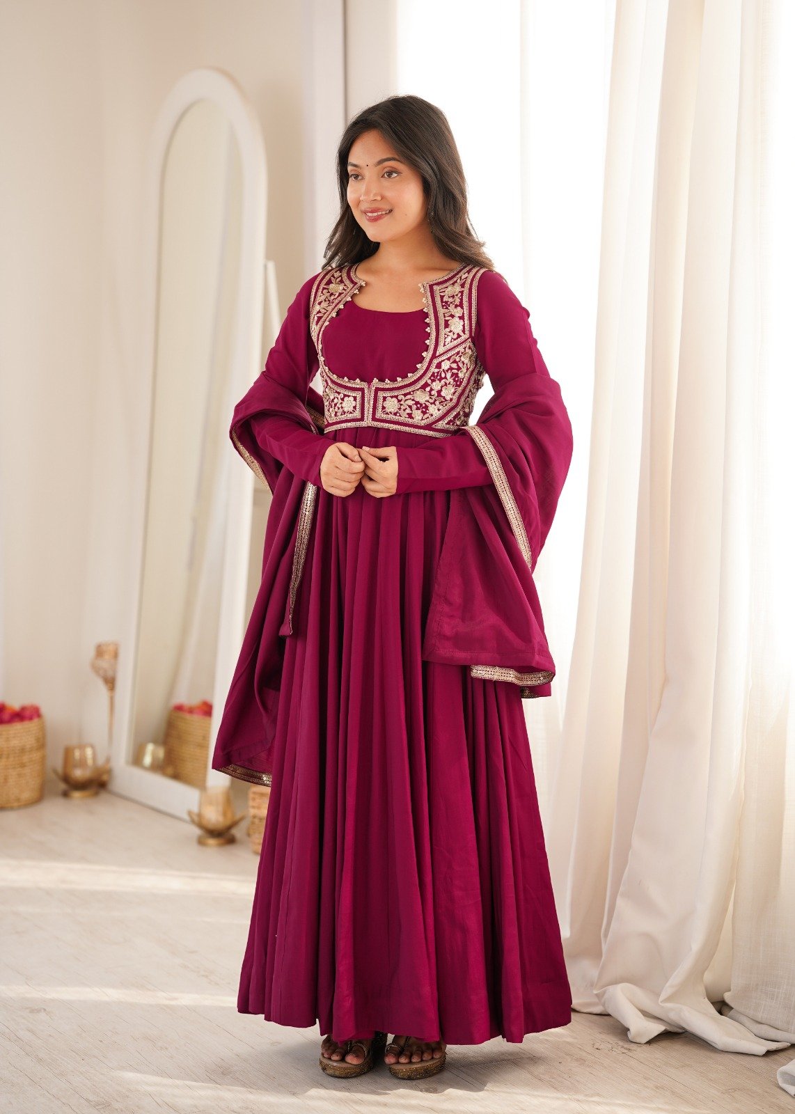 Premium Romansilk Chanderi Anarkali With Jacket & Dupatta Set photo 11