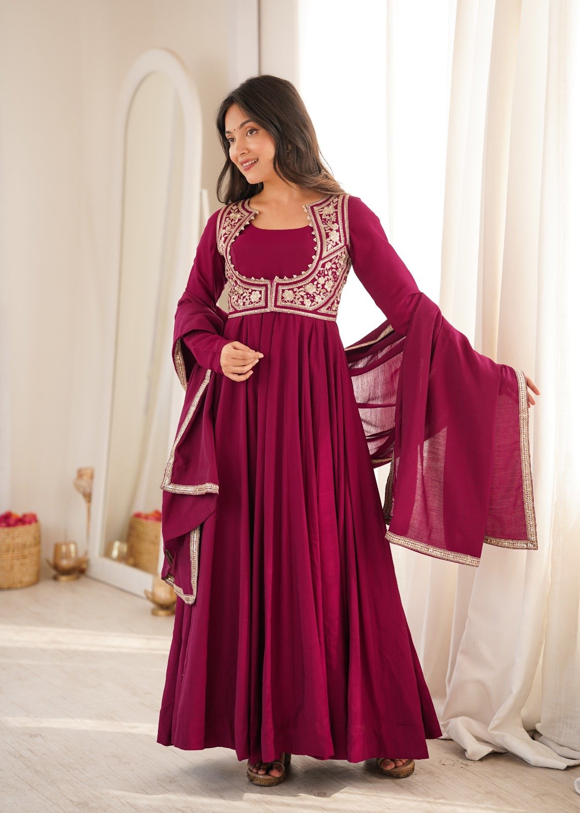 Premium Romansilk Chanderi Anarkali With Jacket & Dupatta Set photo 12