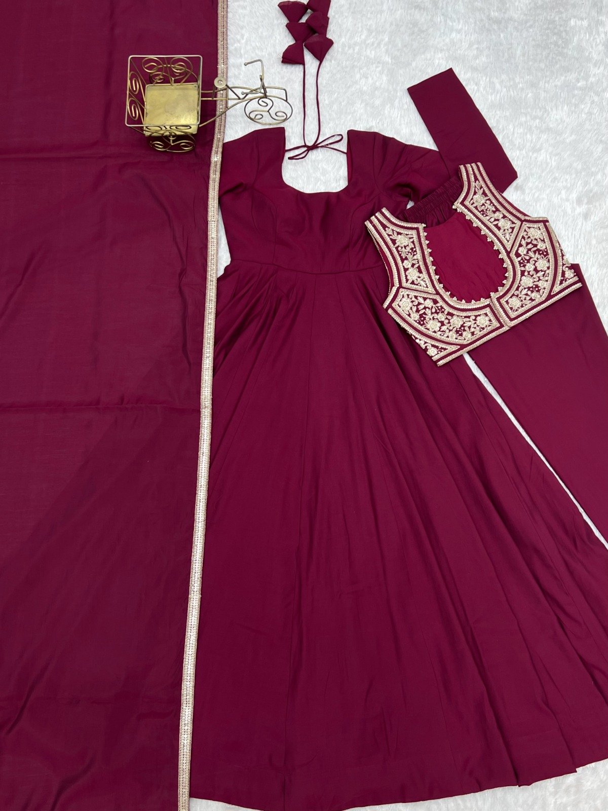 Premium Romansilk Chanderi Anarkali With Jacket & Dupatta Set photo 5