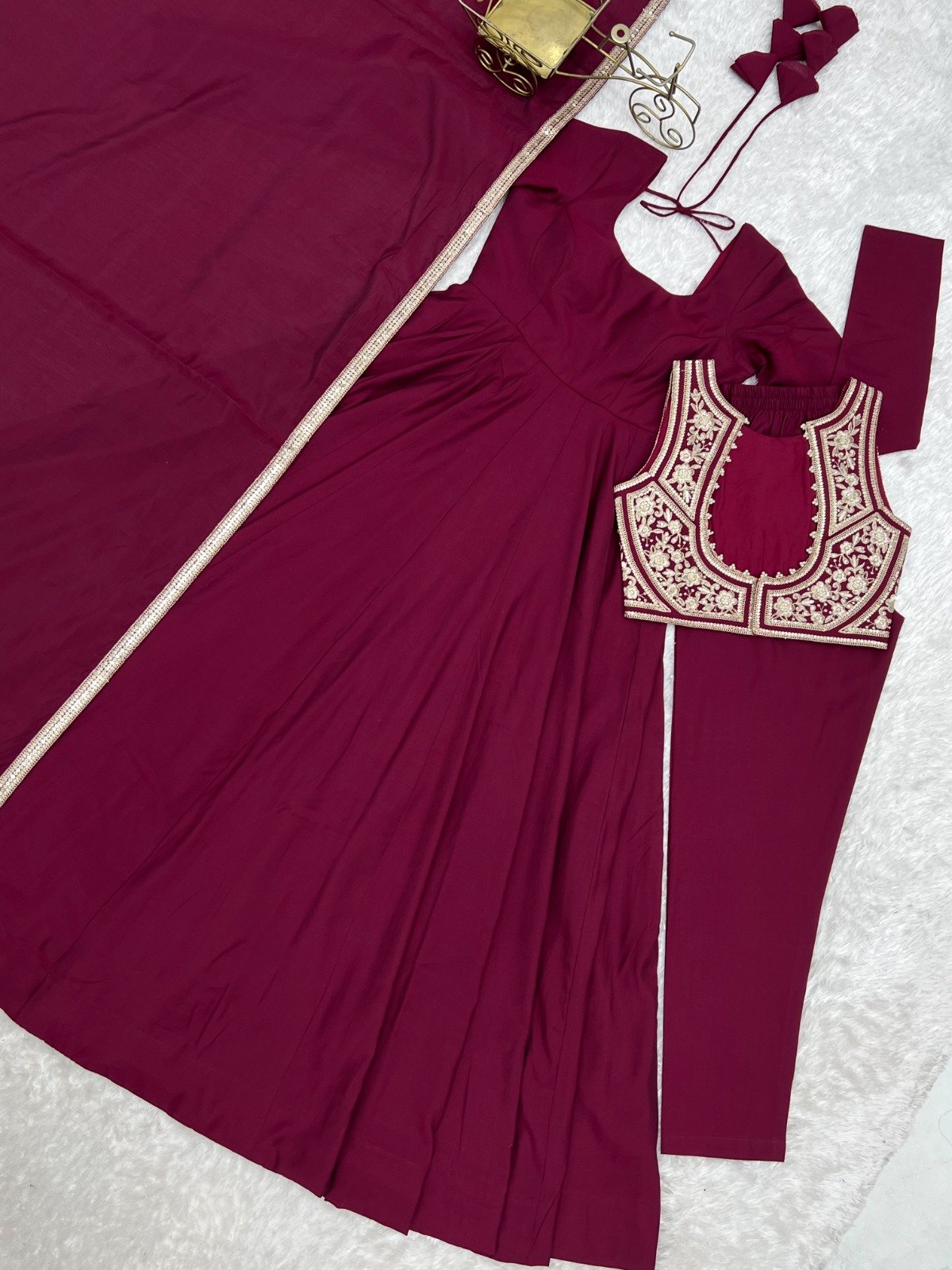 Premium Romansilk Chanderi Anarkali With Jacket & Dupatta Set photo 6