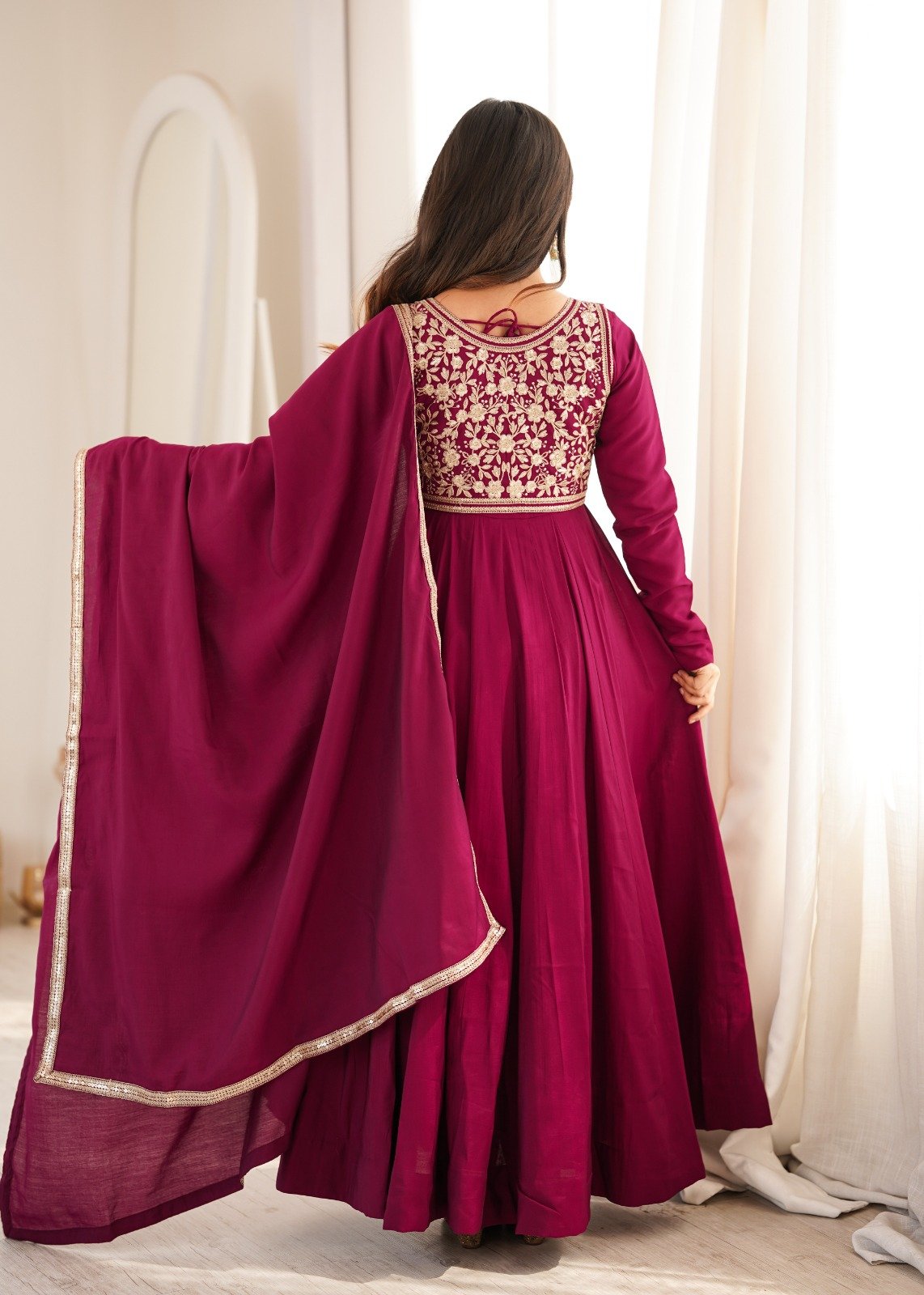 Premium Romansilk Chanderi Anarkali With Jacket & Dupatta Set photo 7