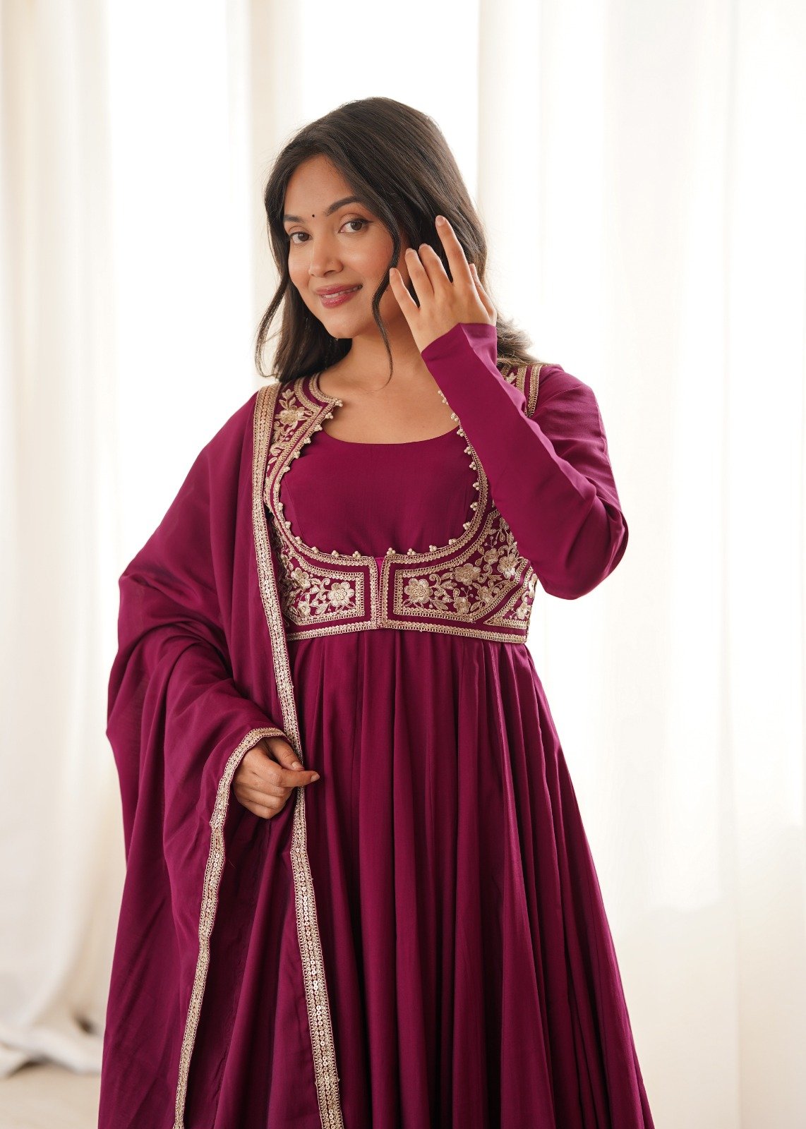 Premium Romansilk Chanderi Anarkali With Jacket & Dupatta Set photo 8