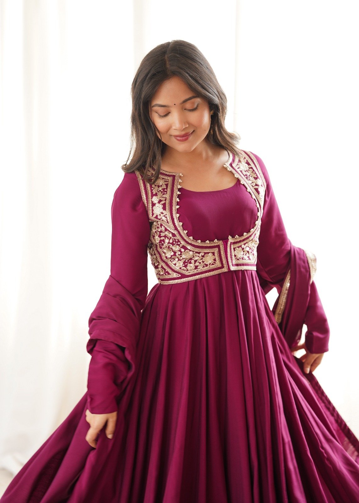 Premium Romansilk Chanderi Anarkali With Jacket & Dupatta Set photo 9