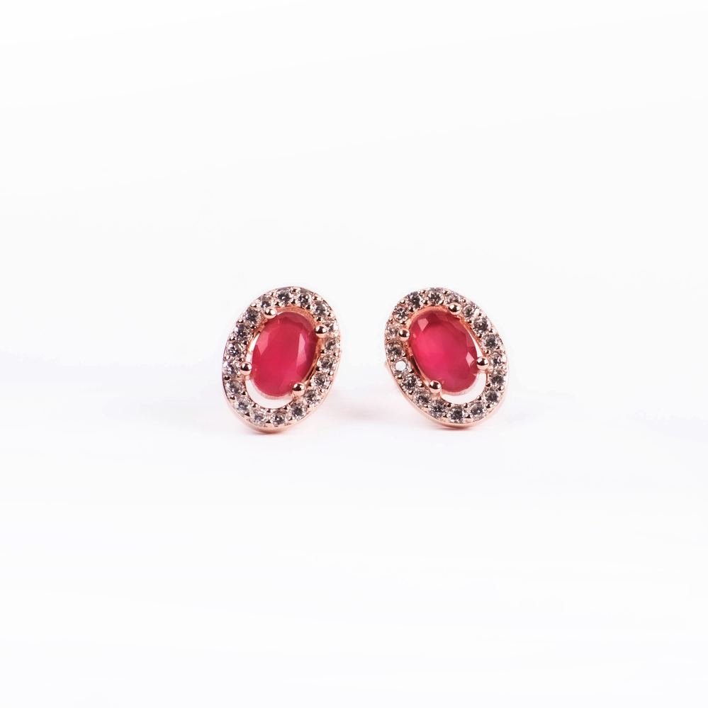 Rose Gold Oval Pink Stone Stud Earrings photo 3