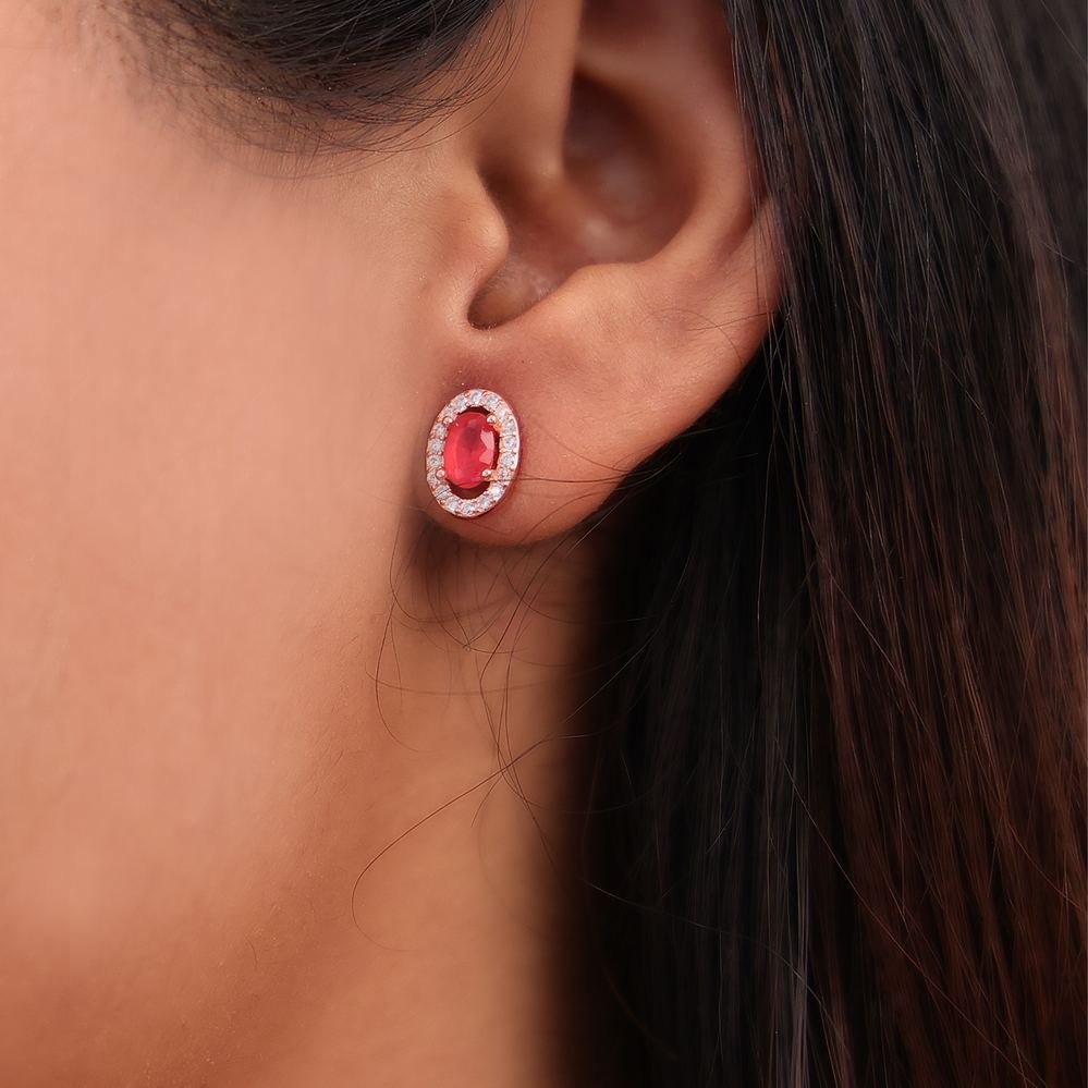 Rose Gold Oval Pink Stone Stud Earrings