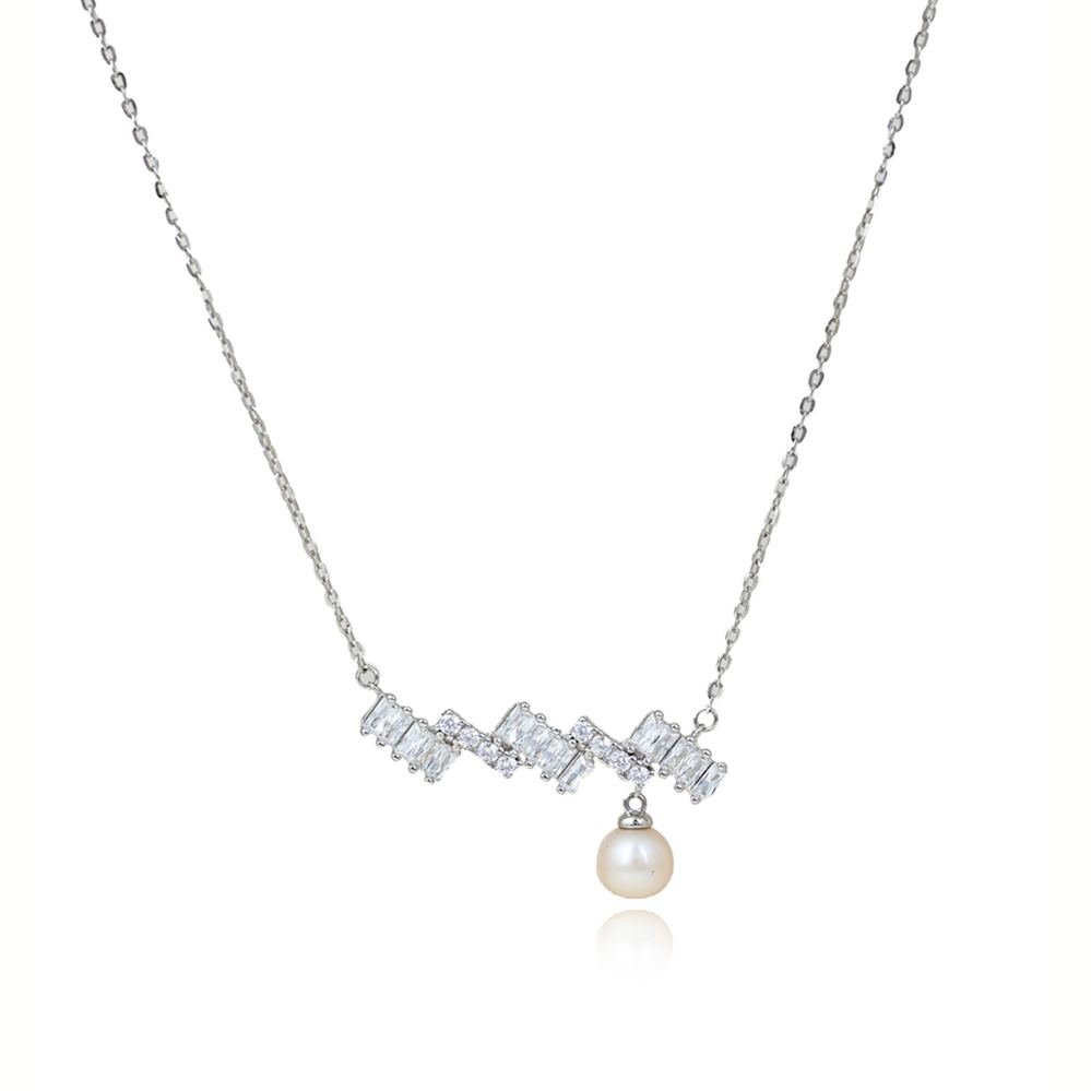 Silver Zircon Pearl Necklace photo 3