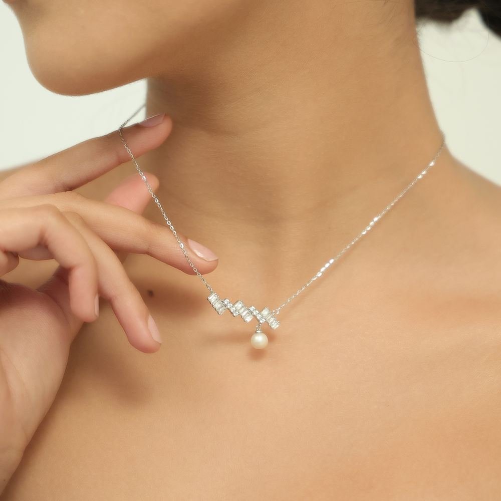 Silver Zircon Pearl Necklace