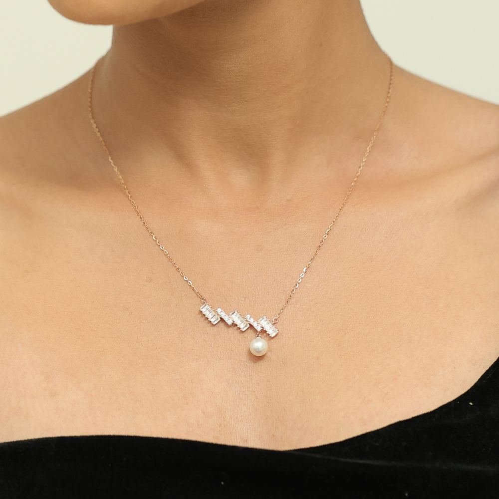 Rose Gold Zircon Pearl Necklace